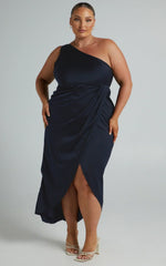 Felt So Happy Midi Dress - One Shoulder Drape Dress In Navy