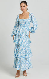 Wendy Midi Dress - Sweetheart Long Sleeve Layered Dress In Blue Floral
