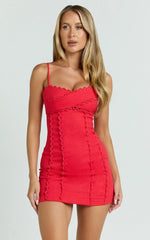 Gigi Mini Linen Blend Dress - Sweetheart Tie Back Scallop Detail Dress In Red