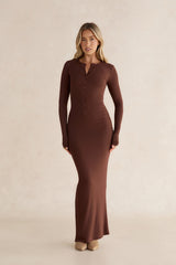 Henley Long Sleeve Ribbed Maxi Dress Chocolate
