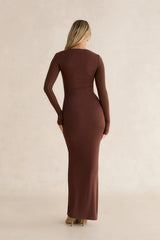Henley Long Sleeve Ribbed Maxi Dress Chocolate