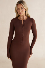 Henley Long Sleeve Ribbed Maxi Dress Chocolate