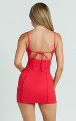 Gigi Mini Linen Dress - Sweetheart Tie Back Scallop Detail Dress In Red