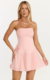 Penny Mini Dress - Strapless Corset Bodice Floral Embellished Godet Dress In Soft Pink