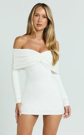 Rani Mini Dress Off Shoulder Long Sleeve Bodycon Dress In Off White