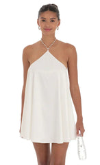 Pearl Halter Shift Dress In White