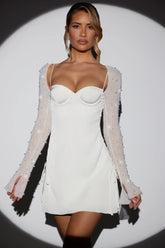 Long Sleeve Embellished A-Line Mini Dress In White