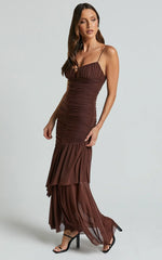 Harlene Maxi Dress- Ruched Mesh Frill Hem Dress In Chocolate