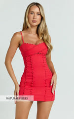 Gigi Mini Linen Blend Dress - Sweetheart Tie Back Scallop Detail Dress In Red