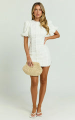 Laila Mini Linen Blend Dress - High Neck Side Cut Out Puff Sleeve Straight Dress In Off White