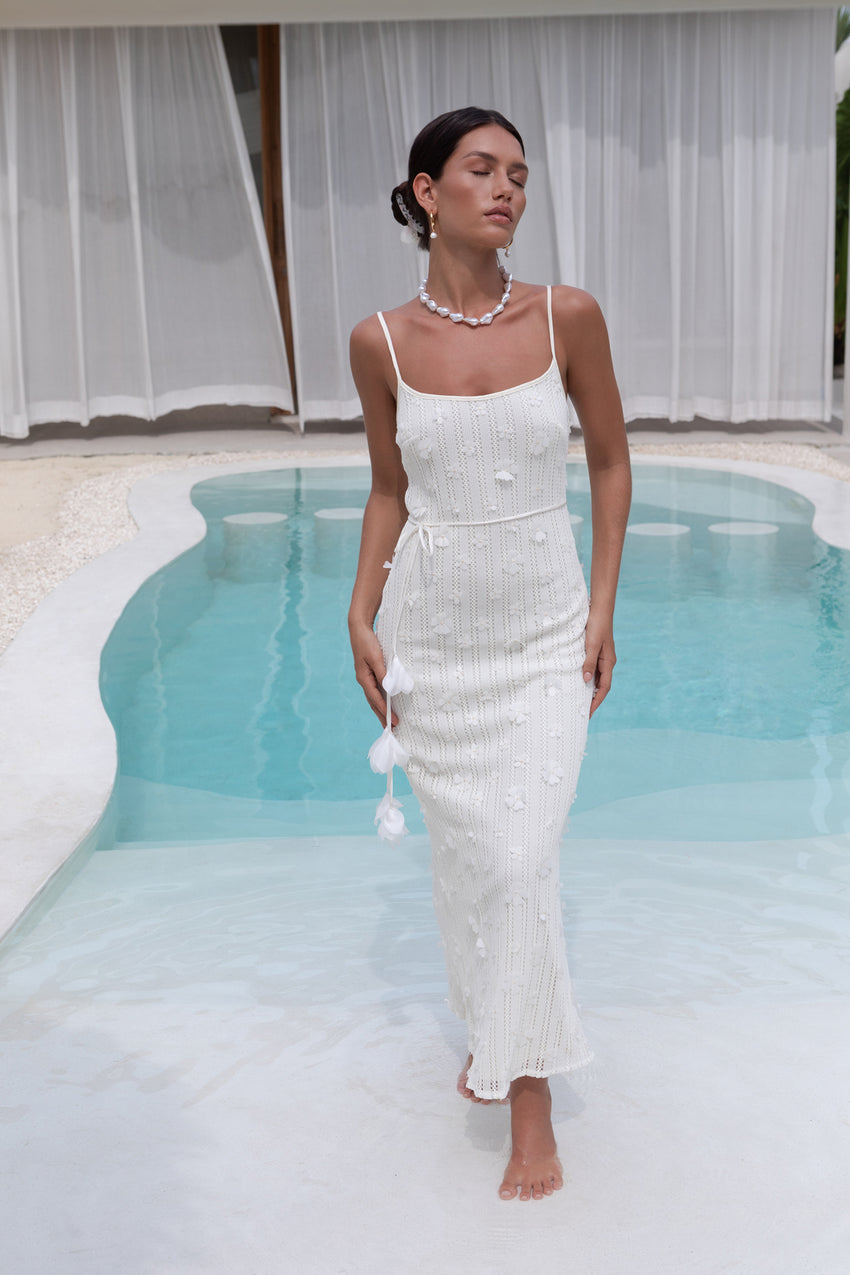 Whispering Petals Knit Midi Dress Cream