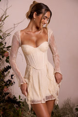 Long Sleeve Lace Corset Mini Dress In Ivory
