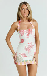 Gillian Mini Dress - Halter Pencil Skirt Dress In Lobster Print
