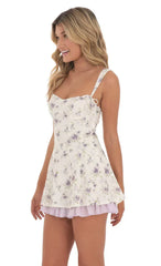 Textured Floral Purple Ruffle Dress In White