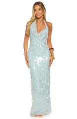 Baron Light Blue Sequin Cowl Maxi Dress