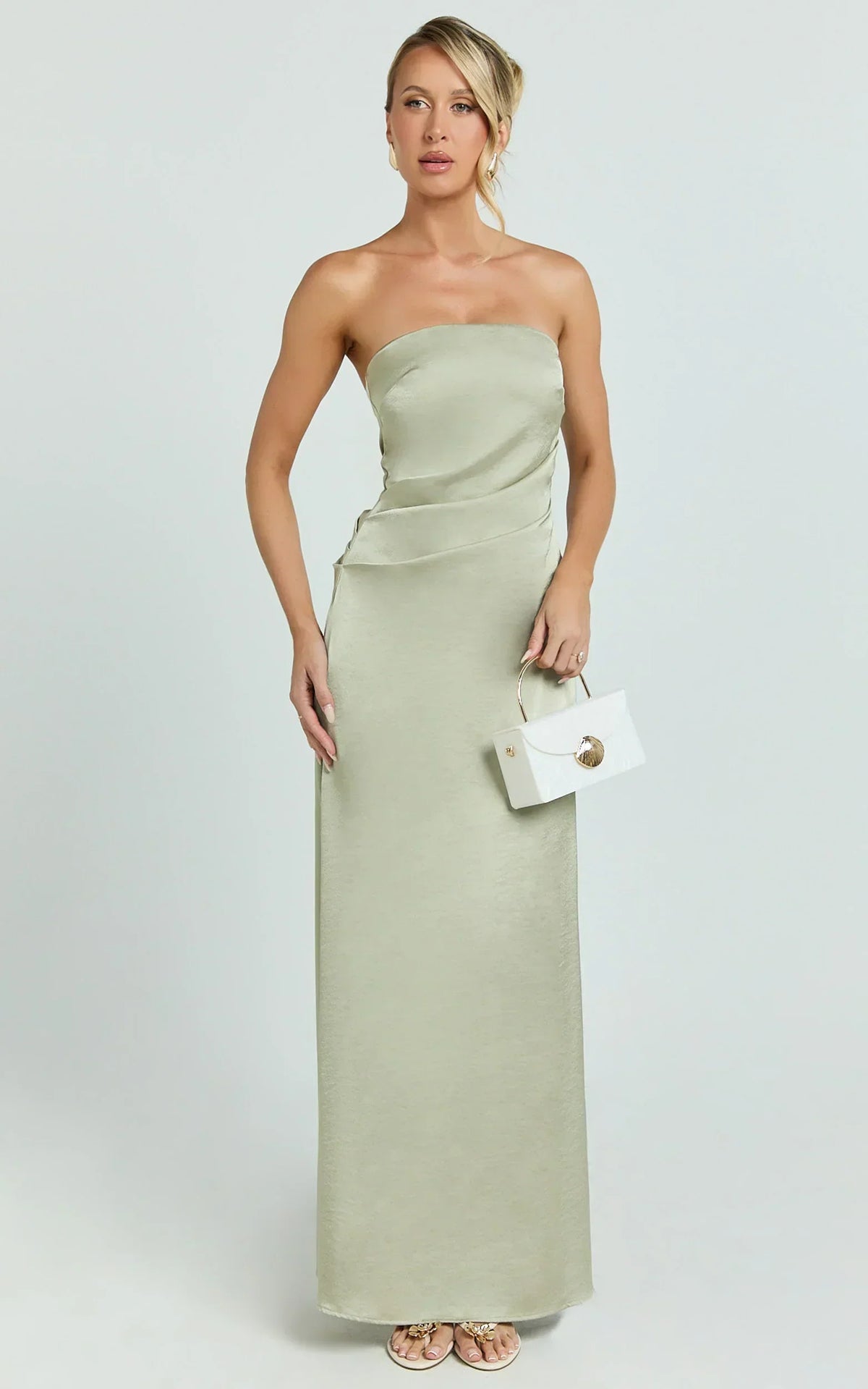 Laurie Maxi Dress - Strapless Draped Satin Dress In Light Olive