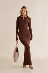 Henley Long Sleeve Ribbed Maxi Dress Chocolate