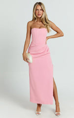 Avery Midi Dress - Strapless Draped Side Split Dress In Pink
