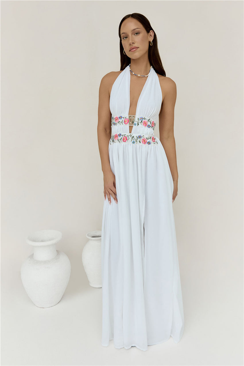 Maldives Garden Halter Maxi Dress White