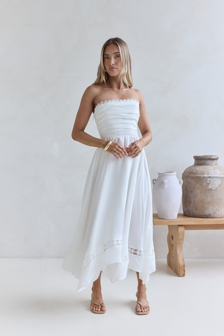 Lucia Strapless Midi Dress White