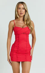 Gigi Mini Linen Blend Dress - Sweetheart Tie Back Scallop Detail Dress In Red