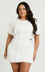 Laila Mini Linen Blend Dress - High Neck Side Cut Out Puff Sleeve Straight Dress In Off White
