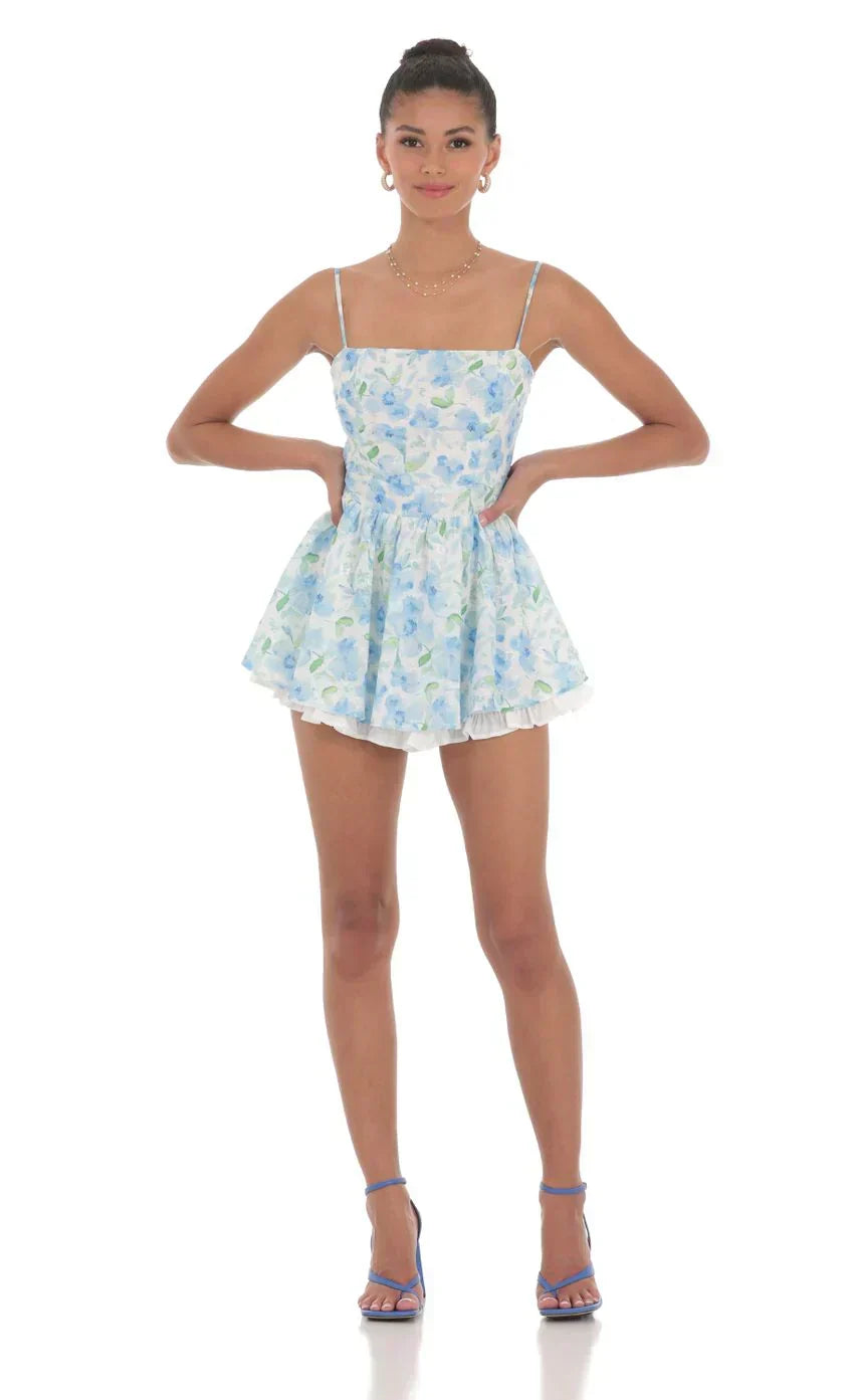 Blue Floral Ruffle Romper In White