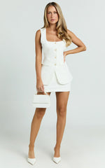 Phyllis Two Piece Set - Tailored Scoop Neck Vest Top And A Line Mini Skirt Set With Gold Buttons In White