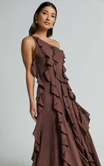 Britney Maxi Linen Dress - One Shoulder Ruffle Detail Dress In Chocolate