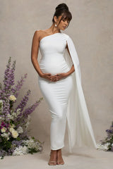 Amaryllis | White Maternity One Shoulder Maxi Dress With Cape Sleeve
