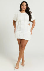 Laila Mini Linen Blend Dress - High Neck Side Cut Out Puff Sleeve Straight Dress In Off White