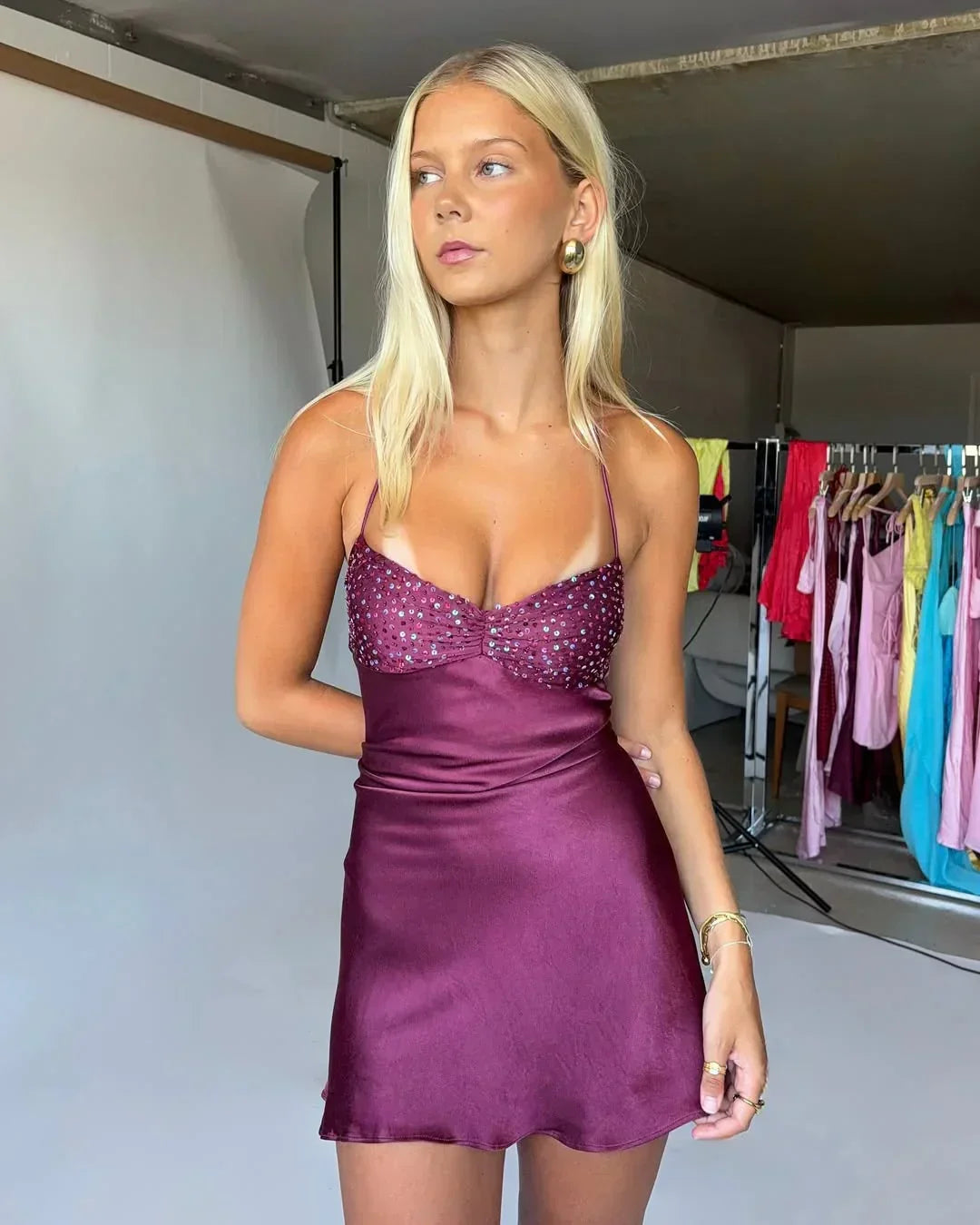 Cute Sheath Spaghetti Straps Purple Short Homecoming Dress With Beading